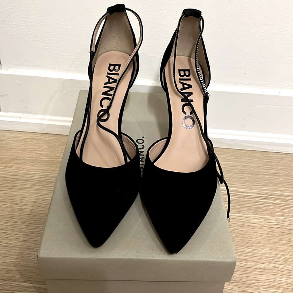 Never Worn! Bianco Ankle Strap Black Suede Pump Stiletto